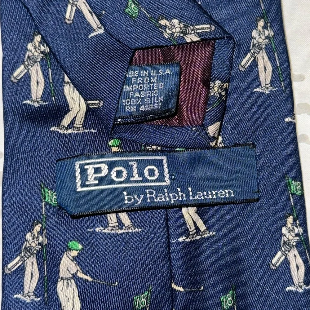 EUC Vintage Polo by Ralph Lauren Golfer Caddie 100% Silk Golf Tie Navy Green 4